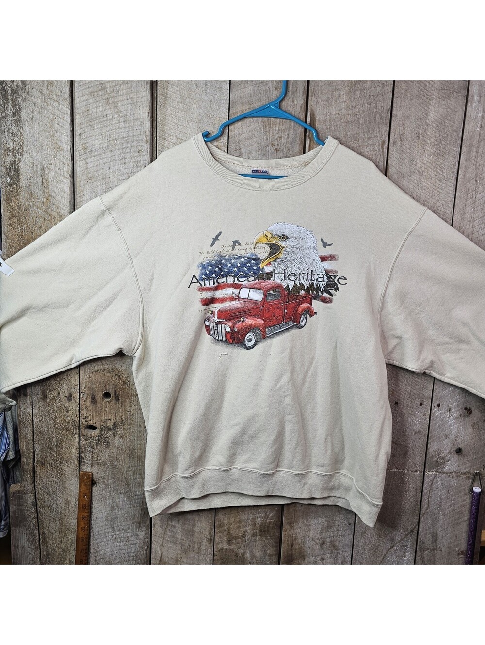 Jerzees NuBlend Men's XL Beige America Heritage Eagle Truck Graphic Sweatshirt